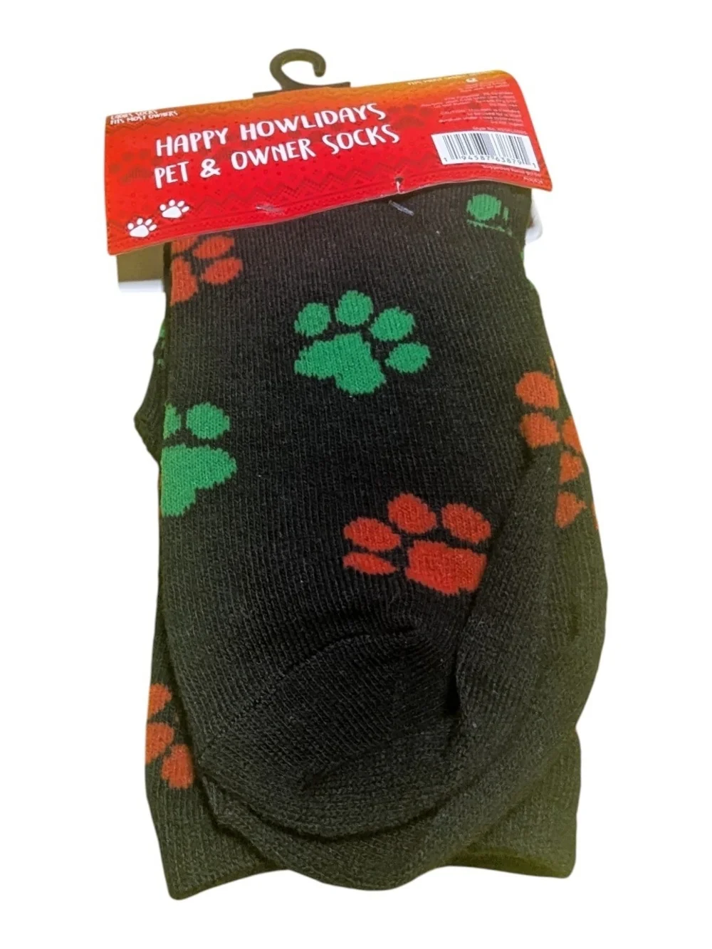 Happy Howlidays Pet & Owner Socks - Black Green & Red Paw Prints